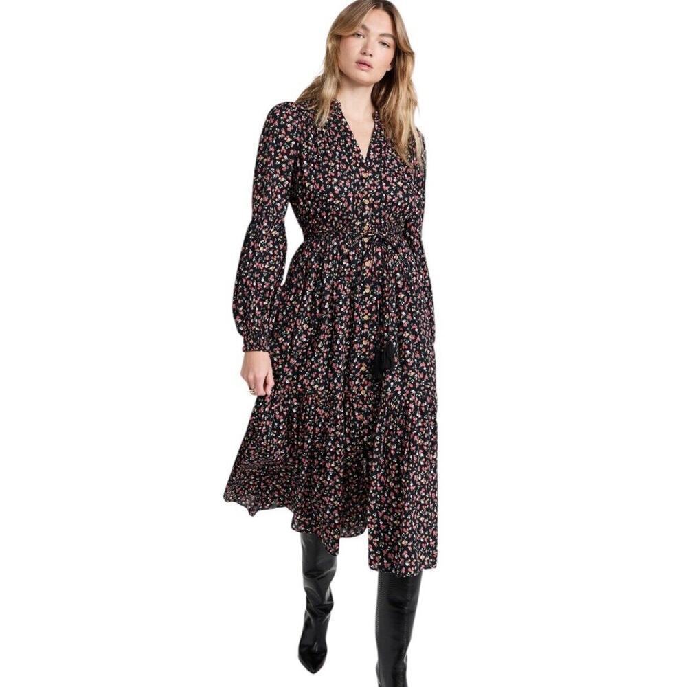 by TiMo Spring Midi Dress XS Floral Black Long Sleeves Cotton Tiered V Neck $388